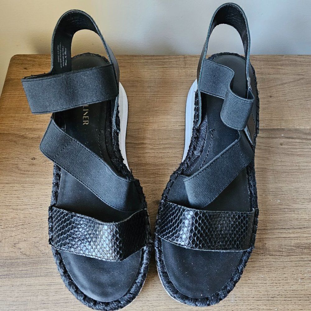 EUC DONAL J PLINER LEATHER/FABRIC UPPERS ELASTIC SANDALS SIZE 10